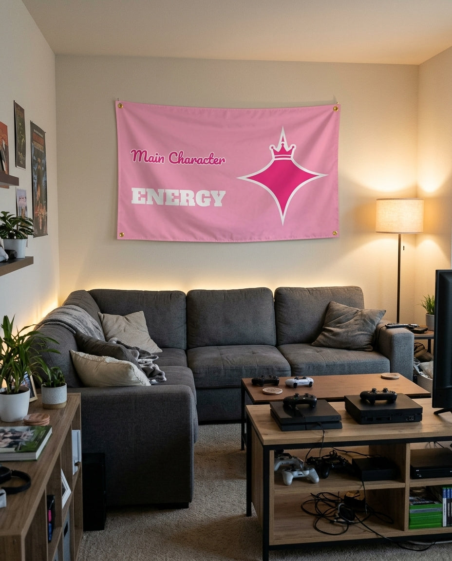 Main Character Energy flag decorating a game room wall