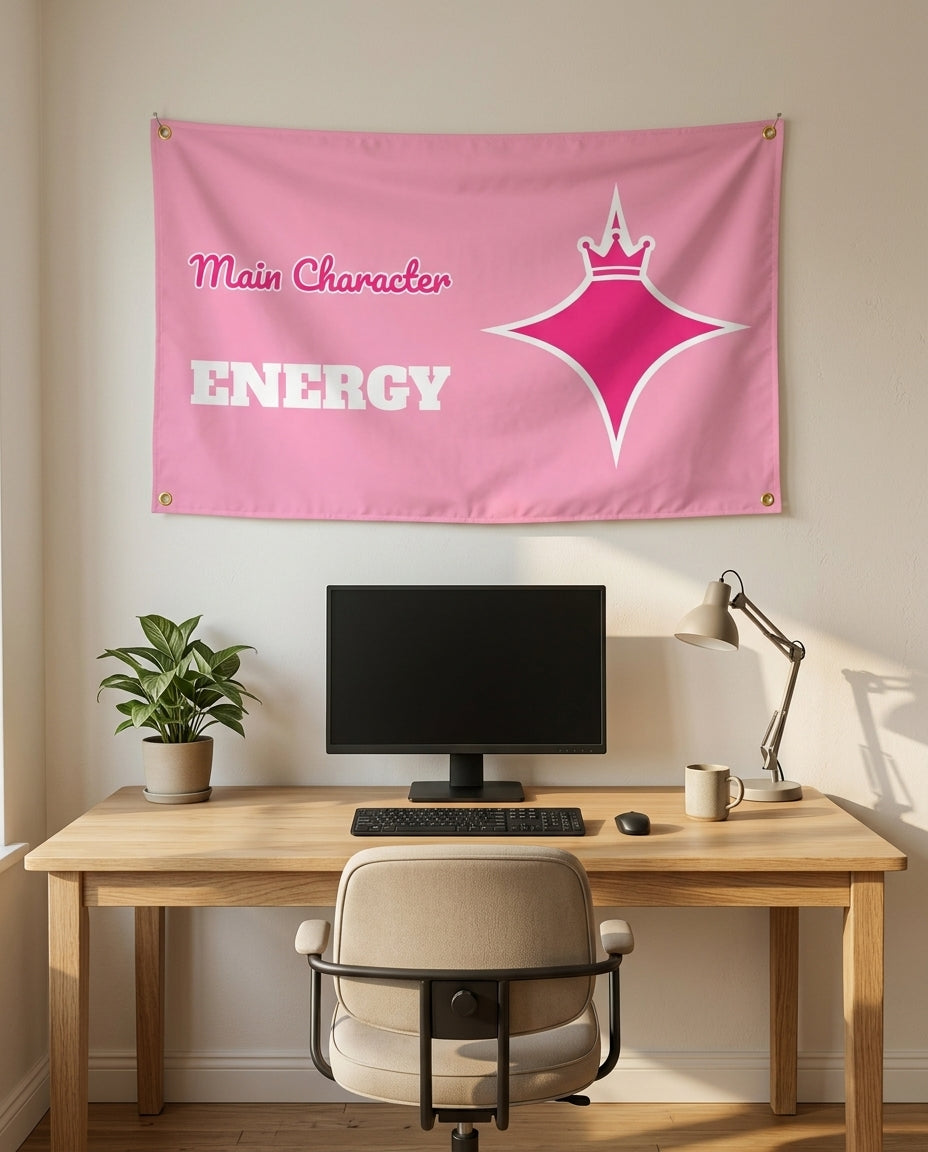 Main Character Energy 3x5 flag on a home office wall