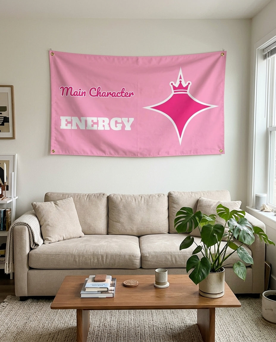 Main Character Energy flag used as living room wall decor