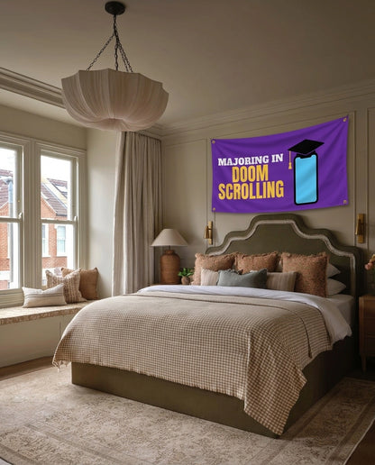 Majoring In Doomscrolling dorm wall flag hanging in a bedroom