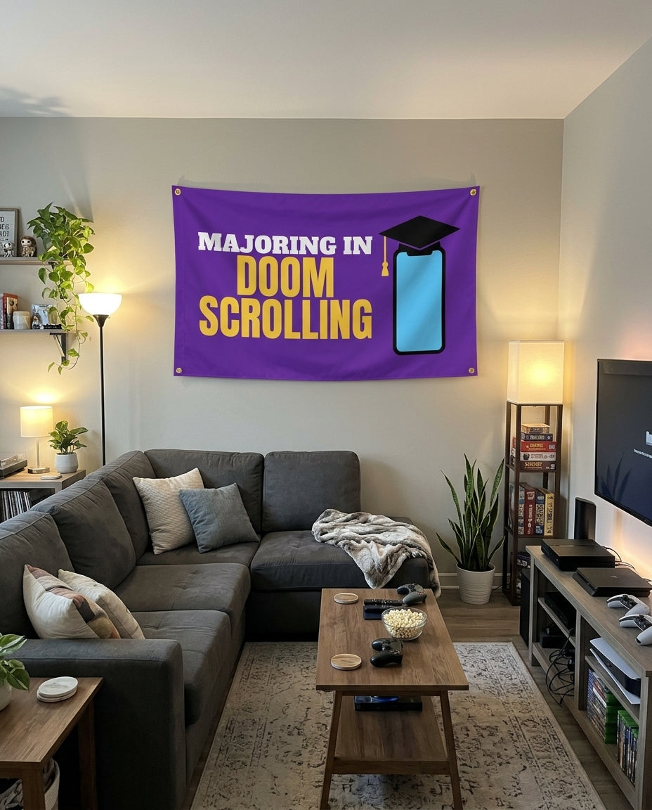 Majoring In Doomscrolling flag decorating a game room wall
