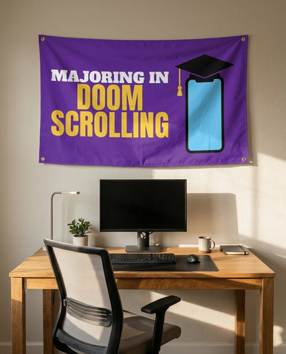 Majoring In Doomscrolling 3x5 flag on a home office wall
