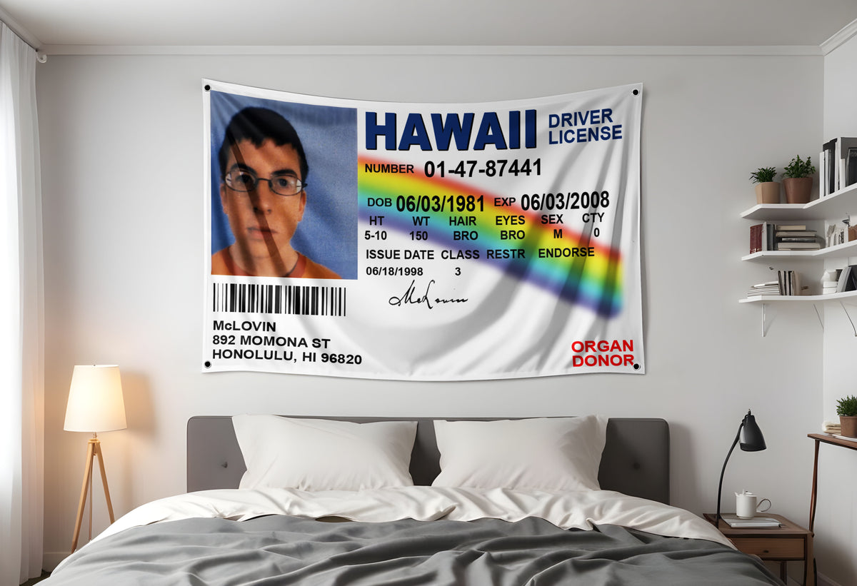 McLovin ID Flag  | Superbad flag Hung up in a dorm room