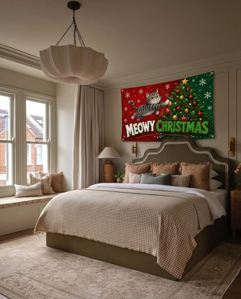Meowy Christmas Christmas wall flag hanging in a bedroom