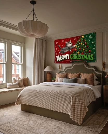 Meowy Christmas Christmas wall flag hanging in a bedroom