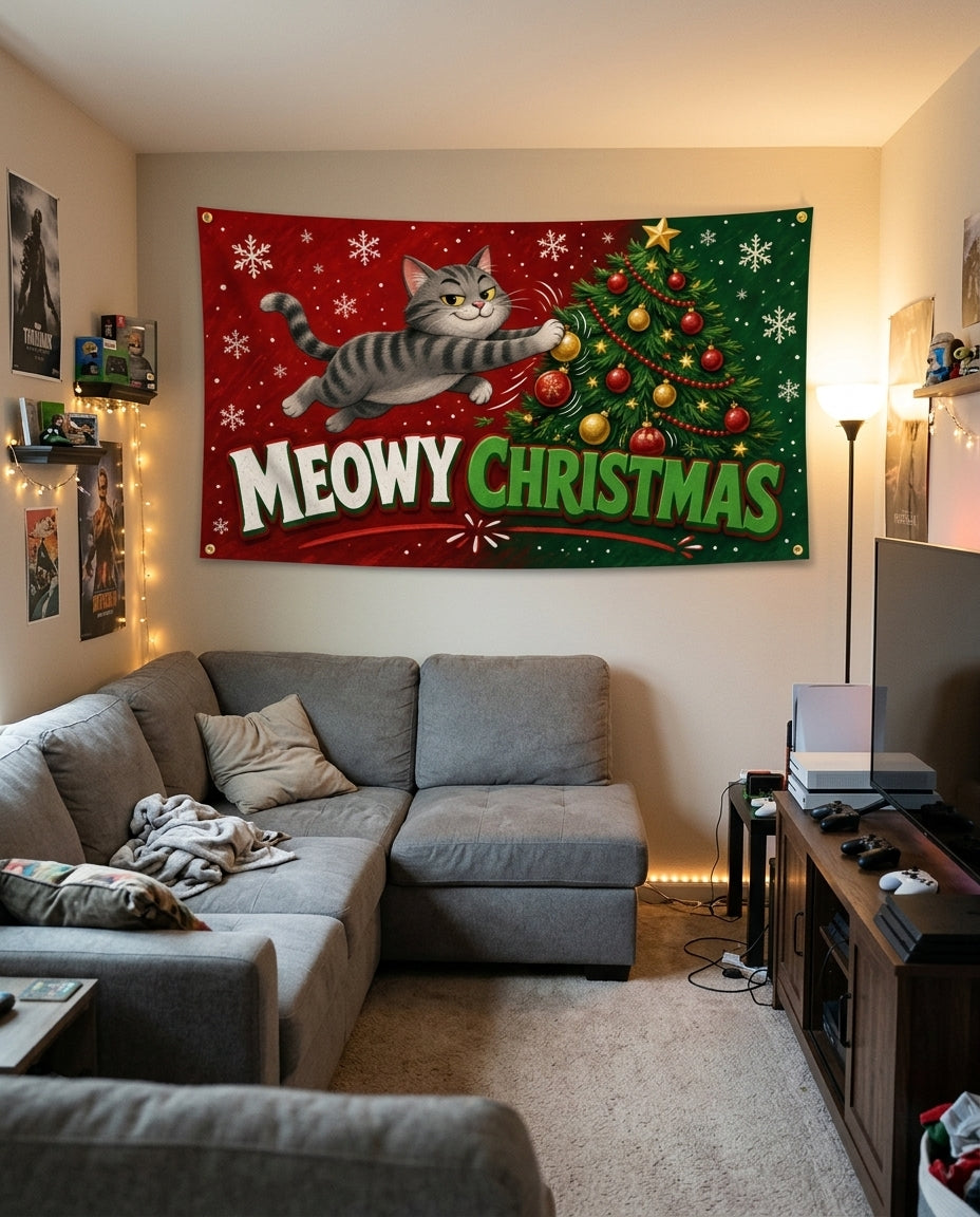 Meowy Christmas flag decorating a game room wall