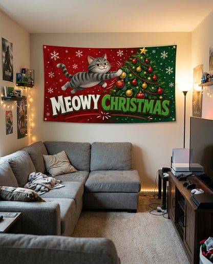 Meowy Christmas flag decorating a game room wall