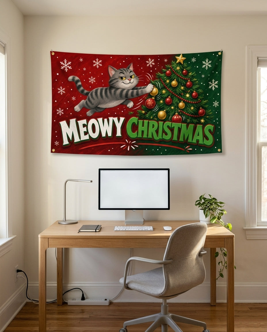 Meowy Christmas 3x5 flag on a home office wall