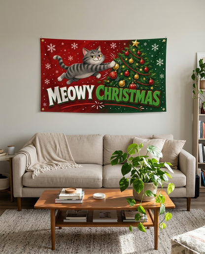 Meowy Christmas flag used as holiday living room wall decor