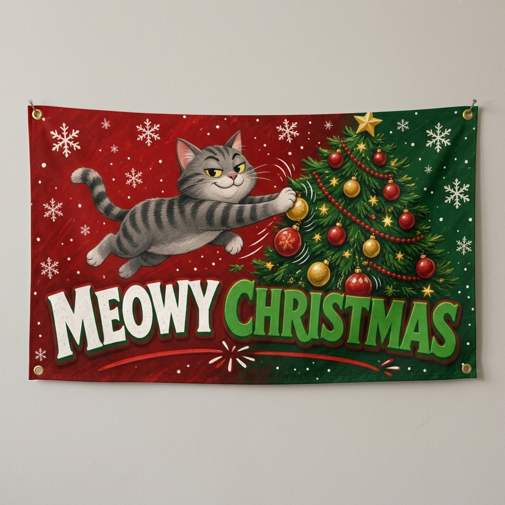 Meowy Christmas flag 3x5 with a tabby cat leaping at the tree, hung on a wall