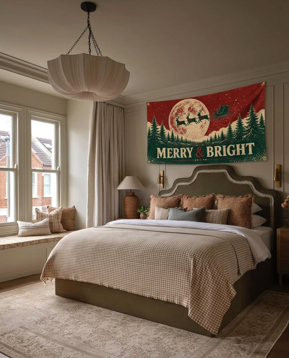Merry and Bright Christmas wall flag hanging in a bedroom