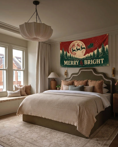 Merry and Bright Christmas wall flag hanging in a bedroom
