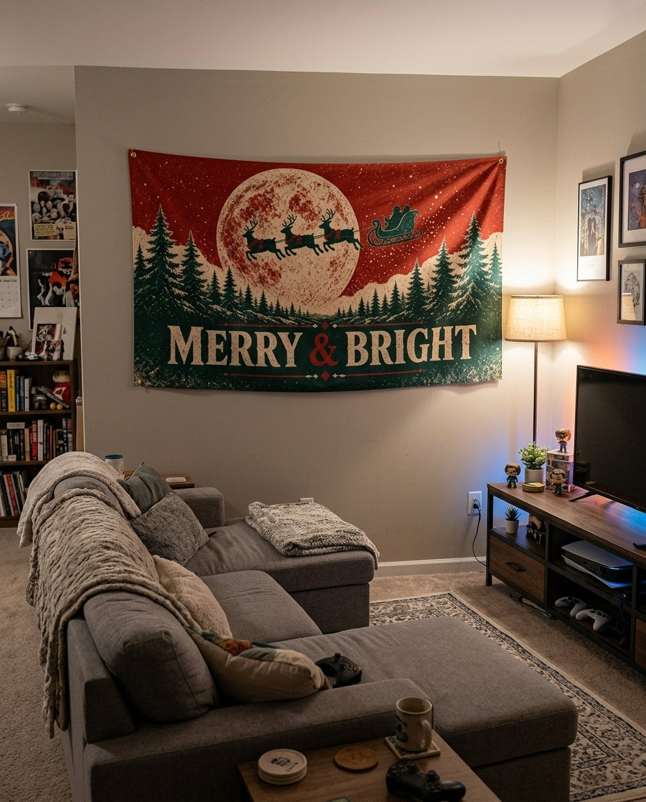 Merry and Bright flag decorating a game room wall