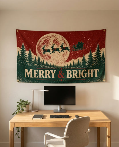 Merry and Bright 3x5 flag on a home office wall