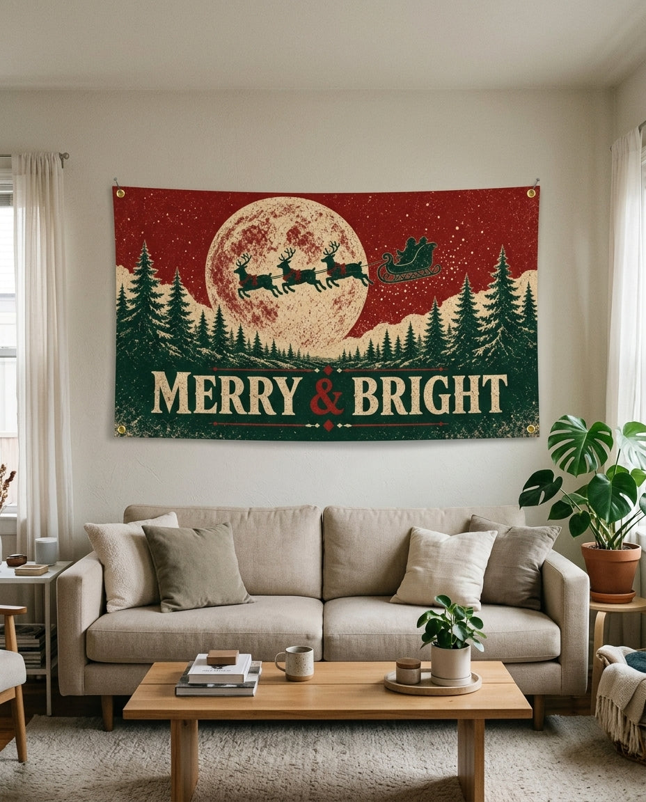 Merry and Bright flag used as holiday living room wall decor