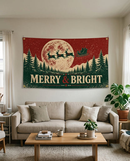 Merry and Bright flag used as holiday living room wall decor