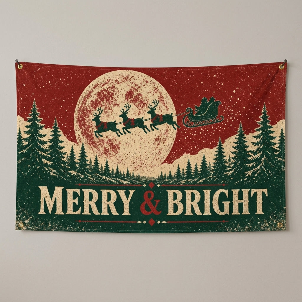 Merry and Bright flag 3x5 in vintage red and green with a moonlit sleigh, hung on a wall