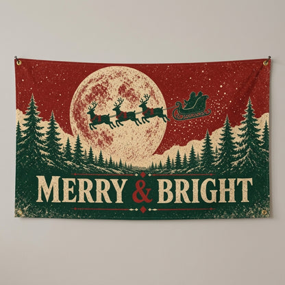 Merry and Bright flag 3x5 in vintage red and green with a moonlit sleigh, hung on a wall