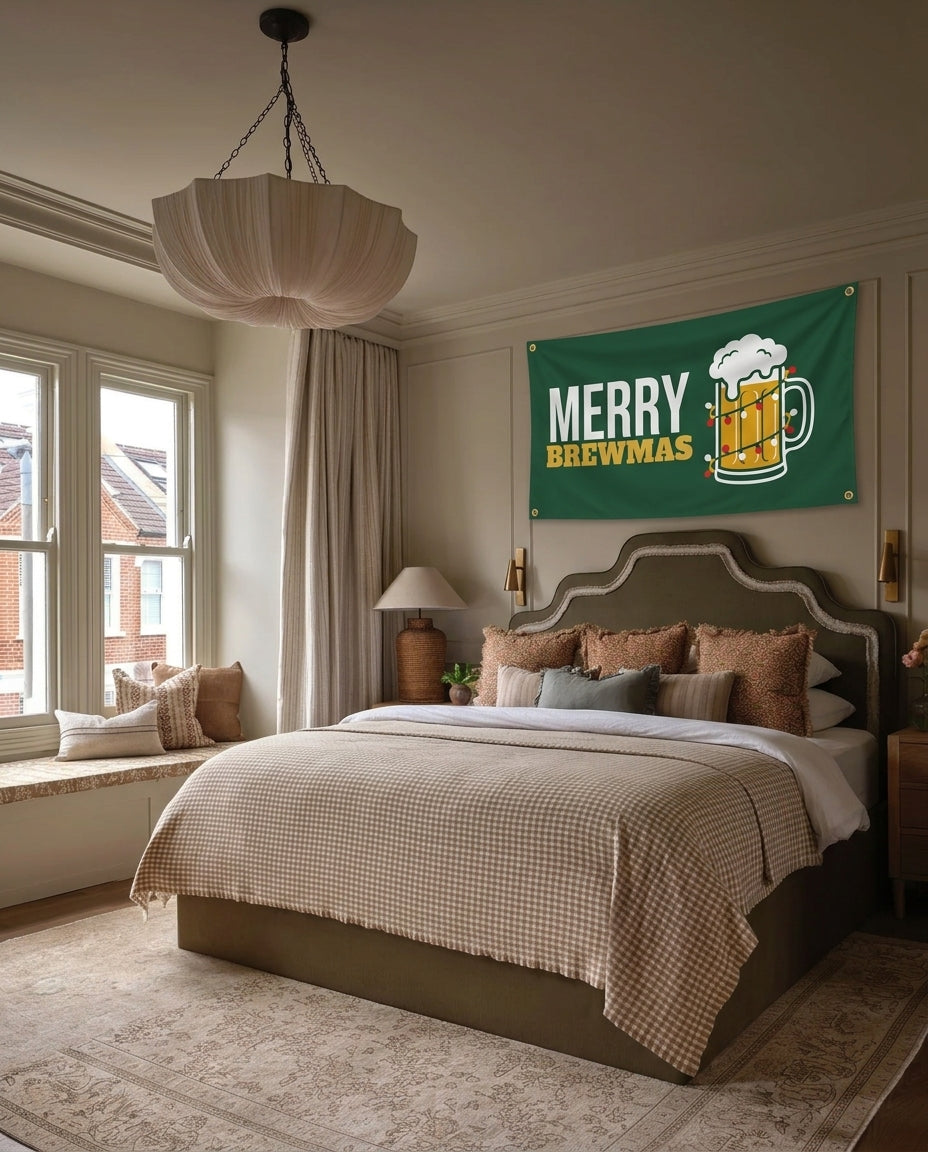 Merry Brewmas Christmas wall flag hanging in a bedroom