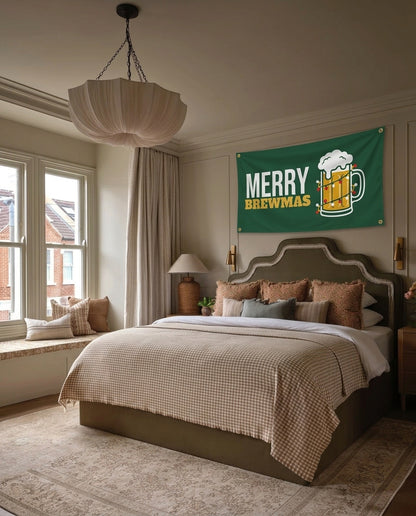 Merry Brewmas Christmas wall flag hanging in a bedroom