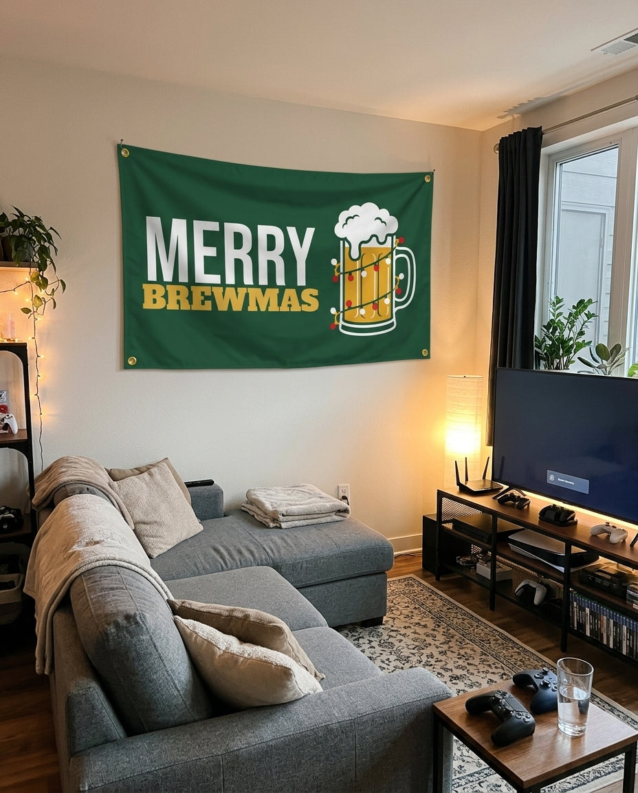 Merry Brewmas flag decorating a game room wall