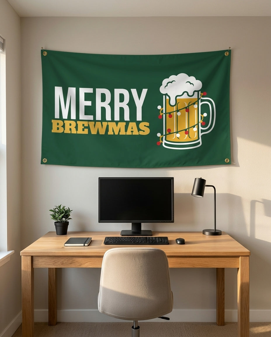 Merry Brewmas 3x5 flag on a home office wall