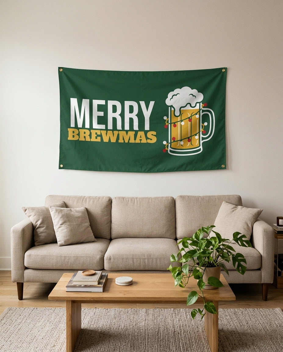 Merry Brewmas flag used as living room wall decor