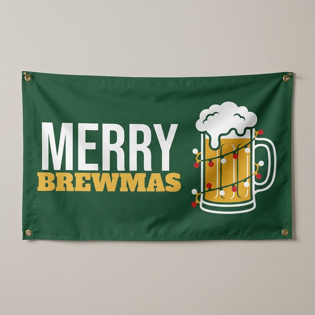 Merry Brewmas flag 3x5 in green with a beer mug in string lights, hung on a wall