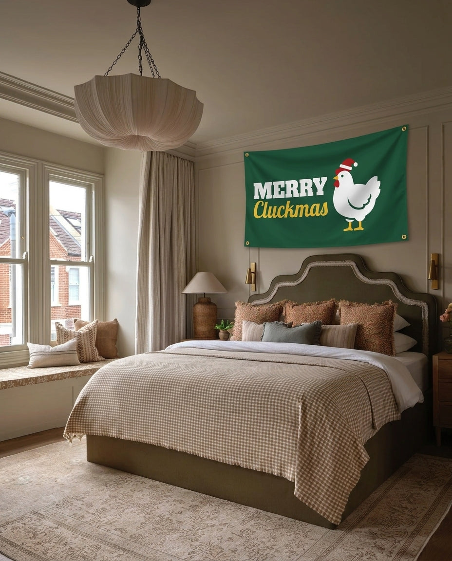 Merry Cluckmas dog lover wall flag hanging in a bedroom
