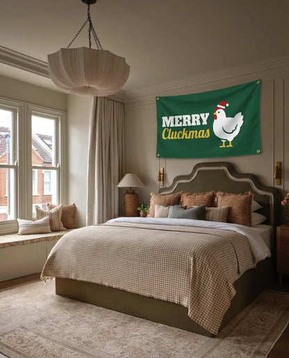 Merry Cluckmas dog lover wall flag hanging in a bedroom