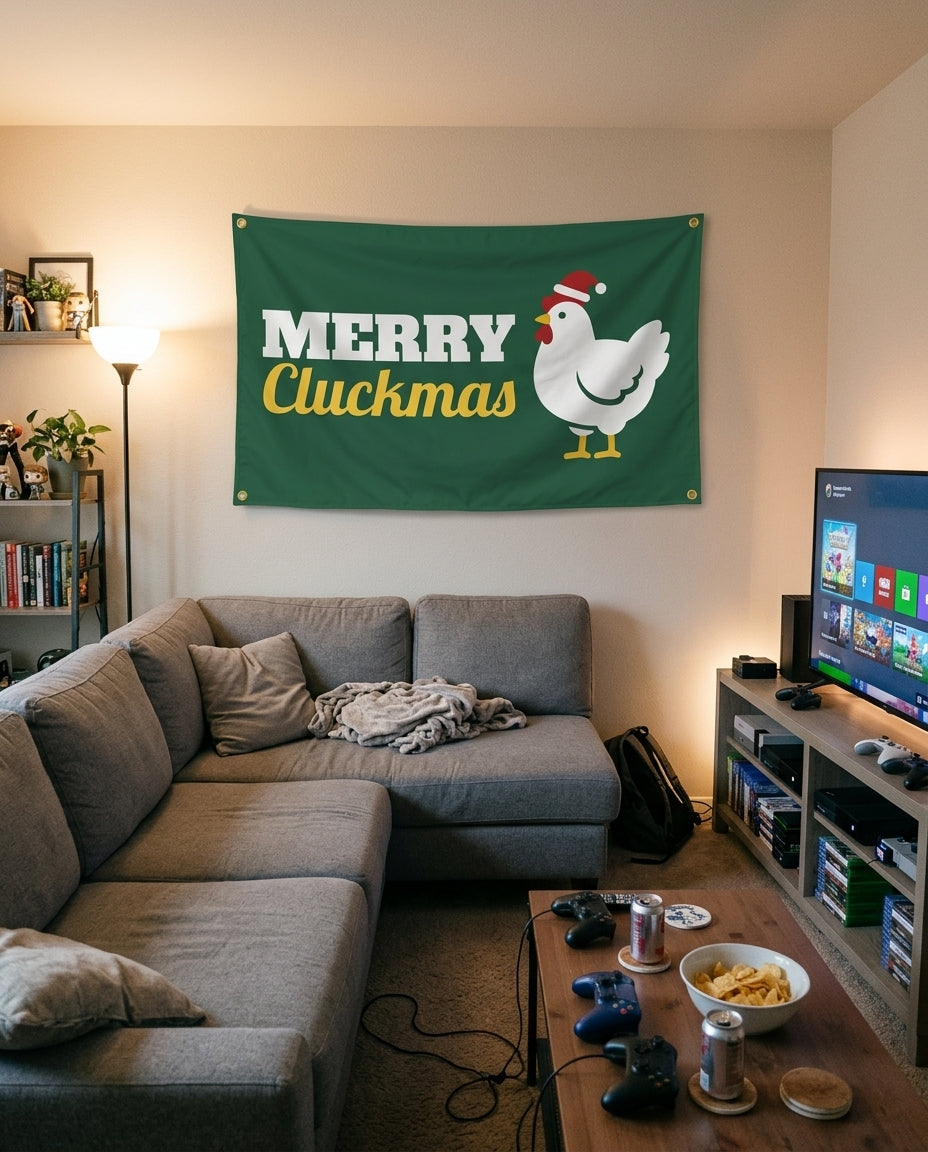 Merry Cluckmas flag decorating a game room wall
