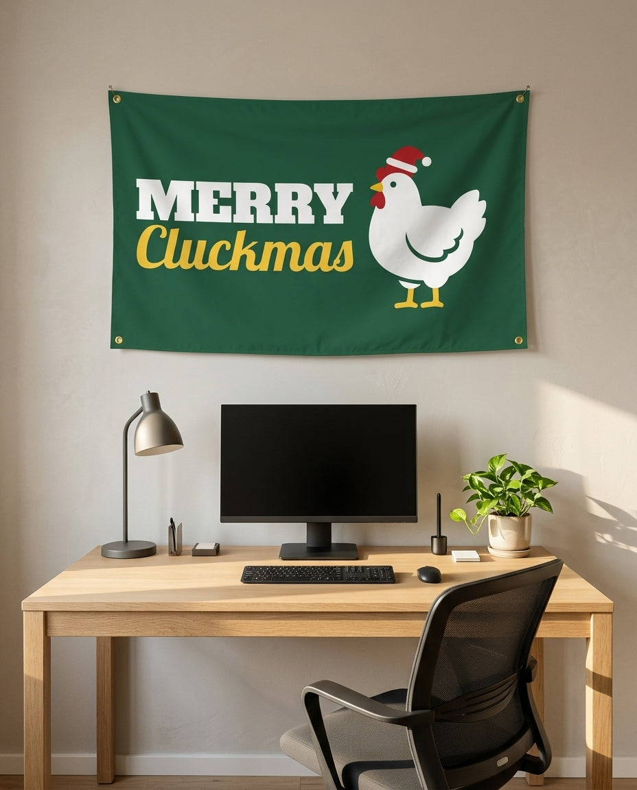 Merry Cluckmas 3x5 flag on a home office wall