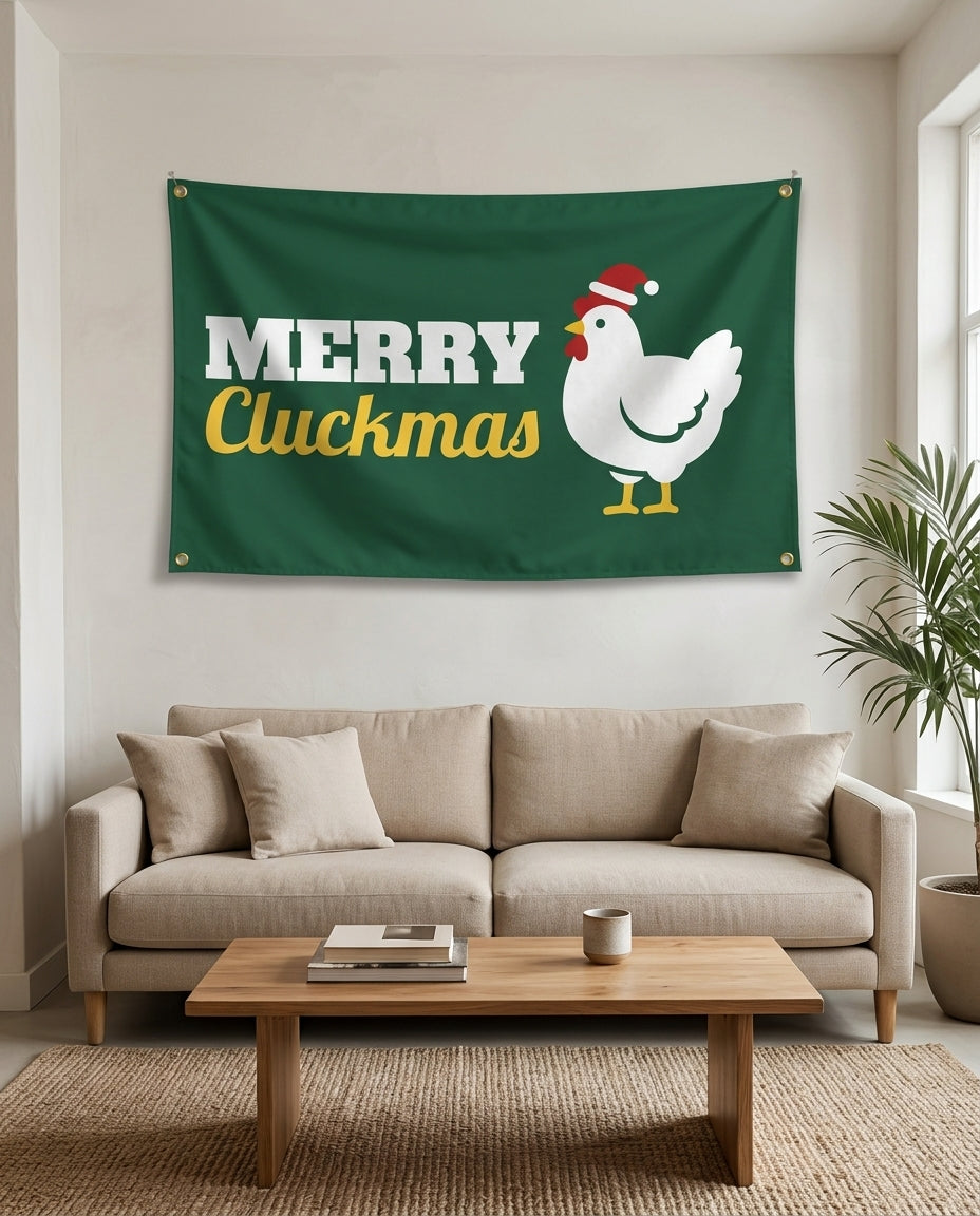 Merry Cluckmas flag used as living room wall decor