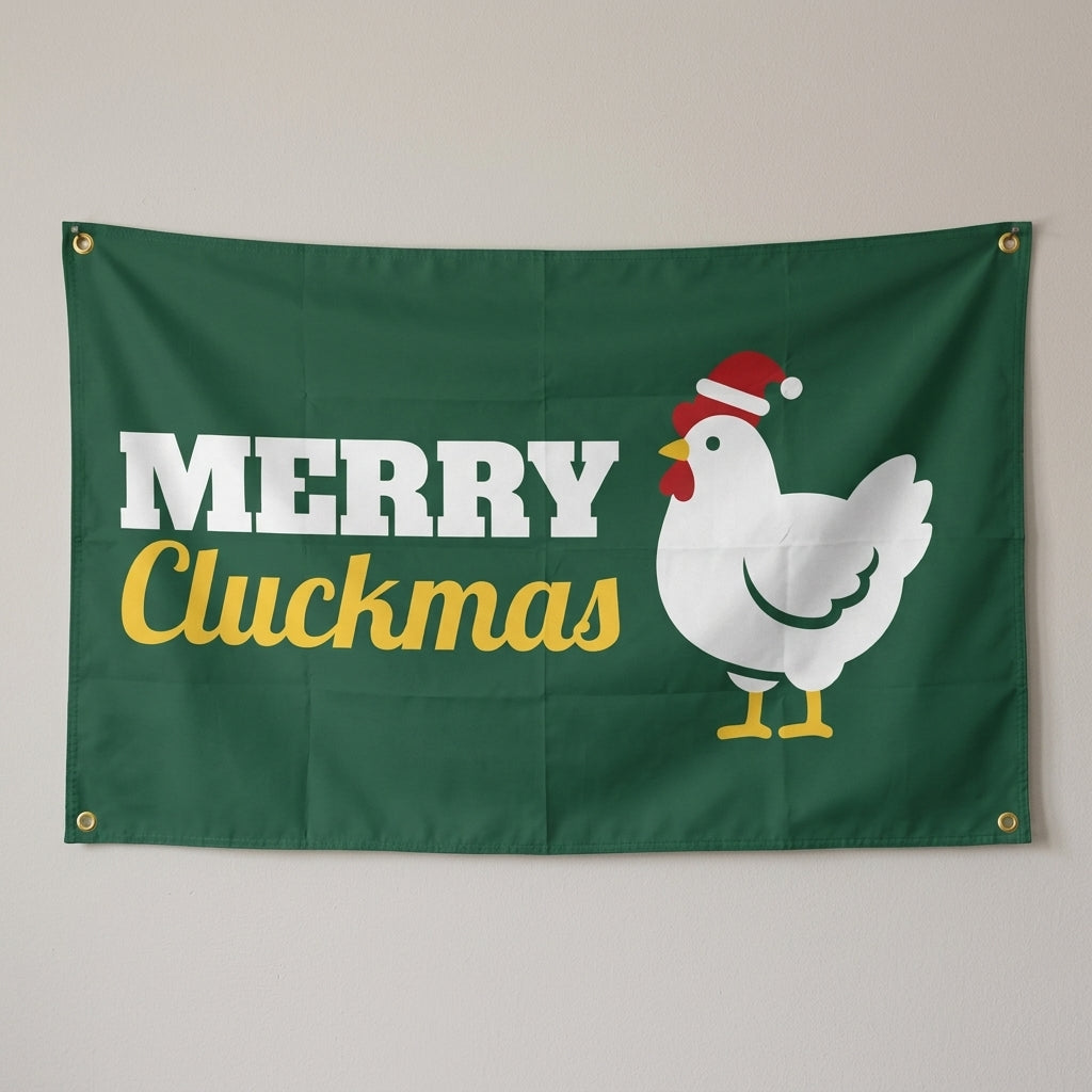 Merry Cluckmas flag 3x5 in dark green with a hen in a Santa hat, hung on a wall