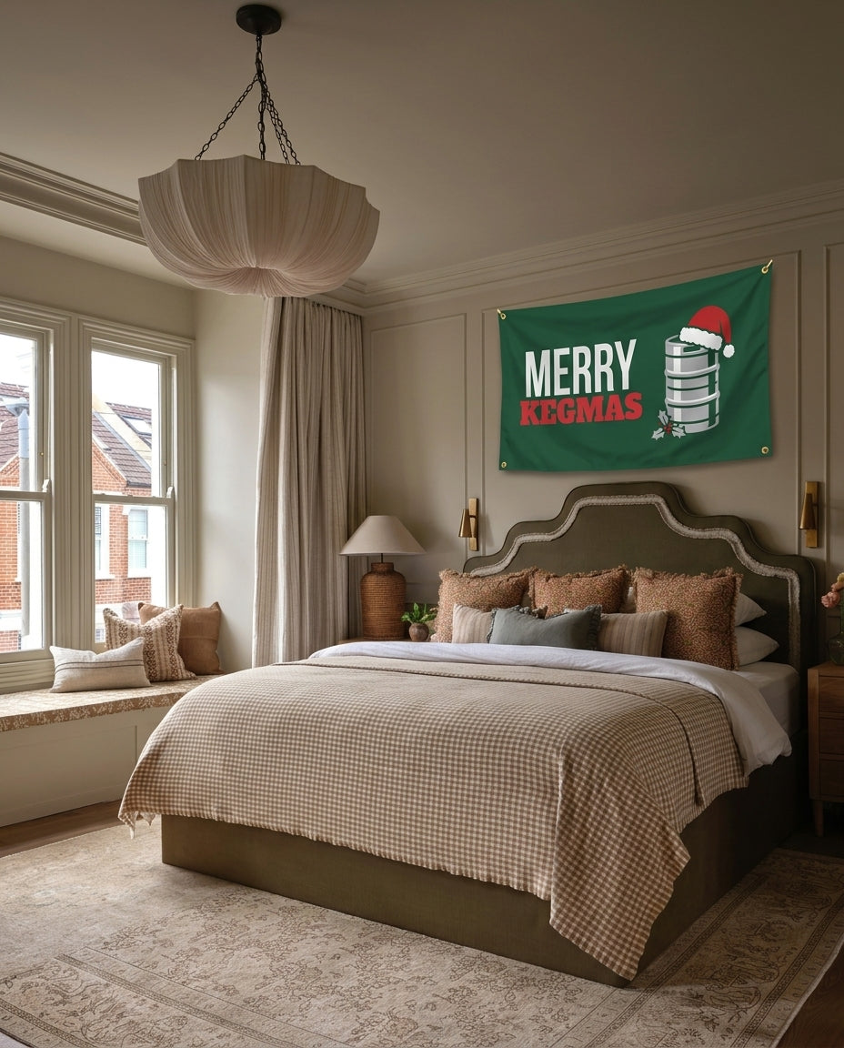 Merry Kegmas Christmas wall flag hanging in a bedroom