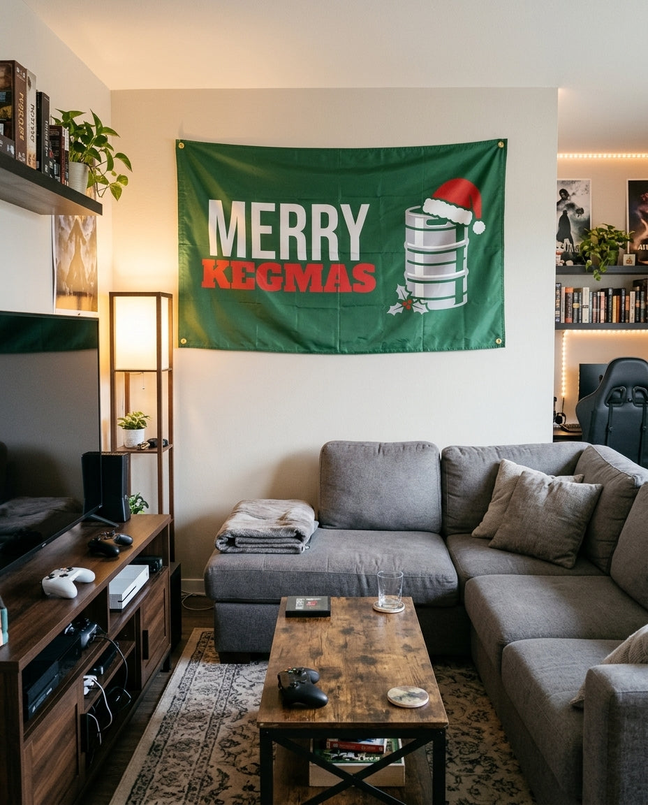 Merry Kegmas flag decorating a game room wall