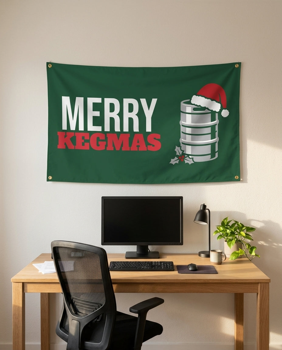 Merry Kegmas 3x5 flag on a home office wall