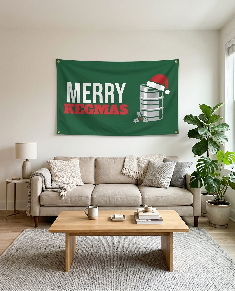 Merry Kegmas flag used as living room wall decor