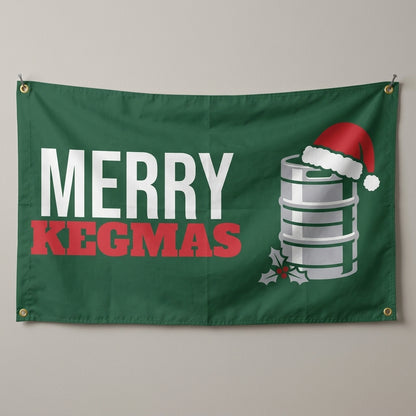 Merry Kegmas flag 3x5 in green with a keg in a Santa hat, hung on a wall