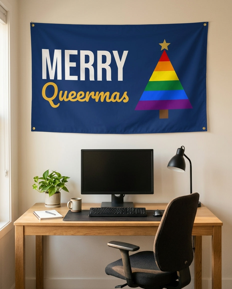 Merry Queermas 3x5 flag on a home office wall