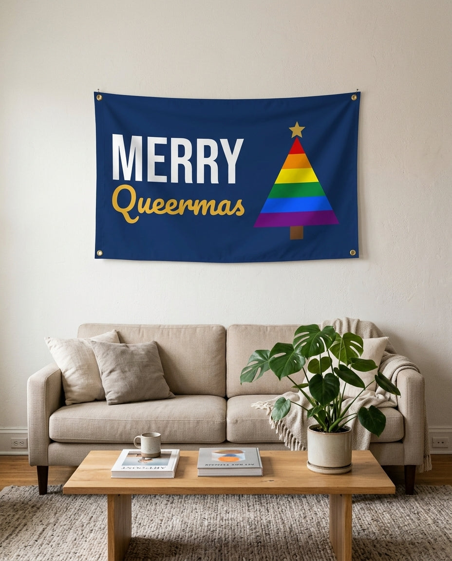 Merry Queermas flag used as living room wall decor
