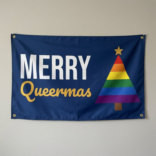 Merry Queermas flag 3x5 in navy with a rainbow Christmas tree, hung on a wall
