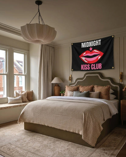Midnight Kiss Club New Year's wall flag hanging in a bedroom