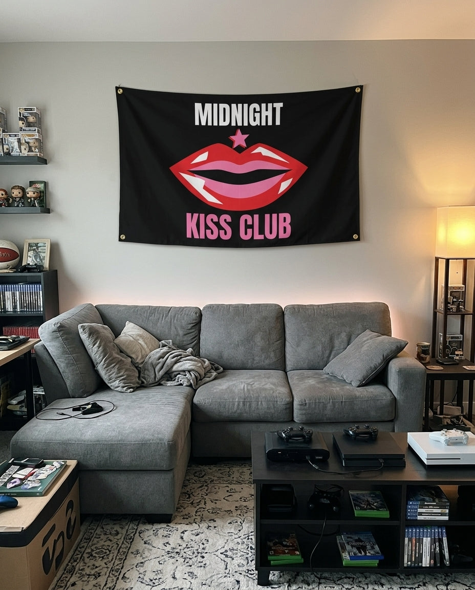 Midnight Kiss Club flag decorating a game room wall