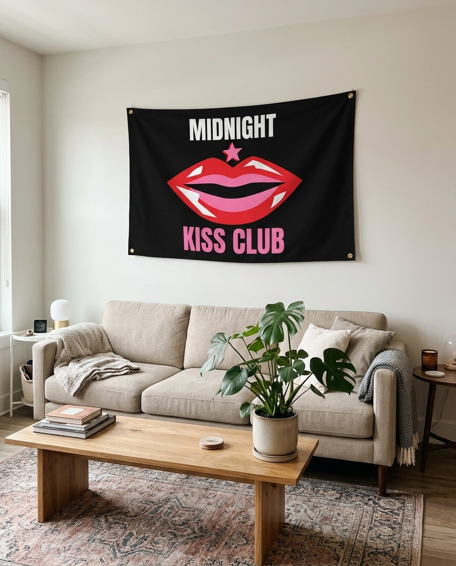Midnight Kiss Club flag used as New Year's living room wall decor