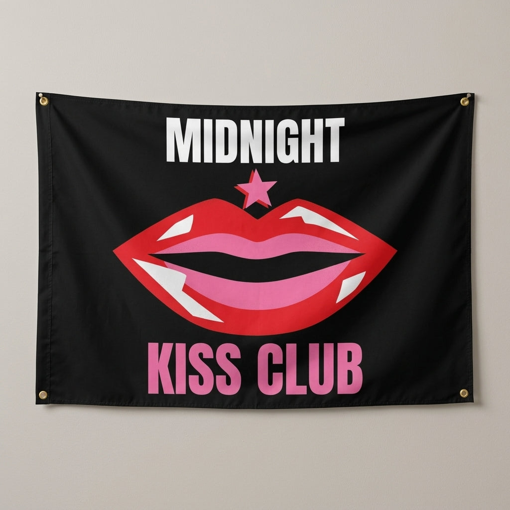 Midnight Kiss Club flag 3x5 with pop art red lips on black, hung on a wall