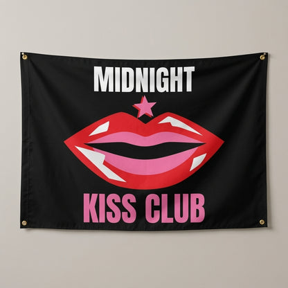Midnight Kiss Club flag 3x5 with pop art red lips on black, hung on a wall