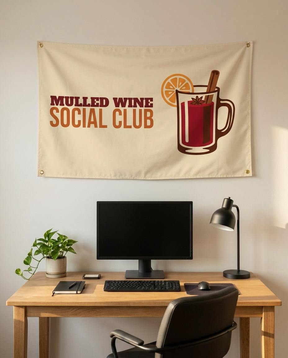 Mulled Wine Social Club 3x5 flag on a home office wall