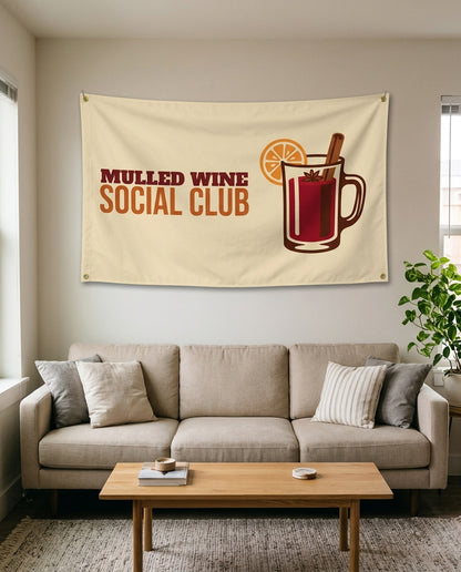Mulled Wine Social Club flag used as living room wall decor