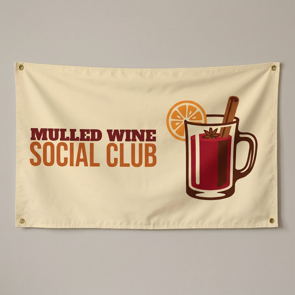 Mulled Wine Social Club flag 3x5 in cream with a mug of mulled wine, hung on a wall